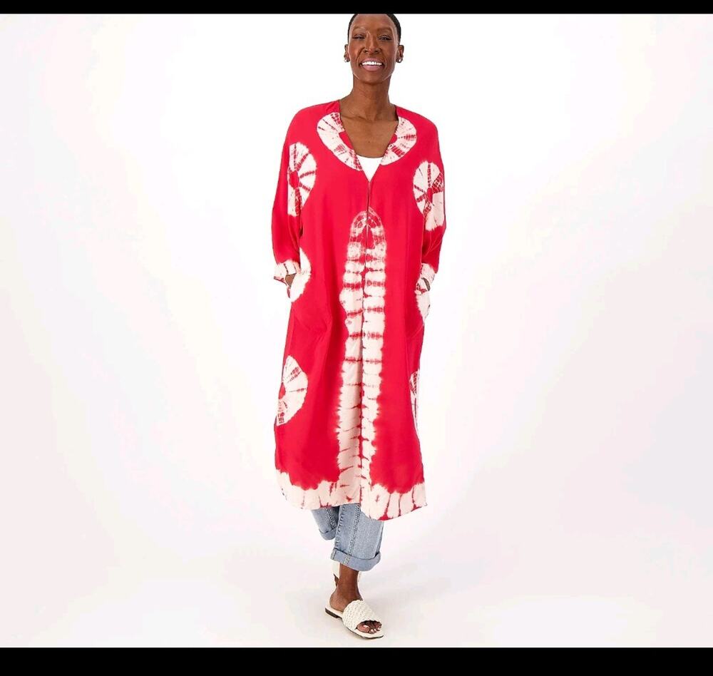 LOGO by Lori Goldstein Beach to Street Red White Tie Dye Duster Size 1X Swim